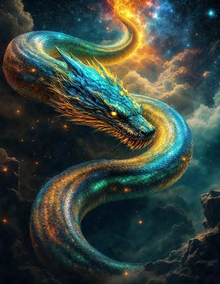 Primary subject: A blue and yellow dragon with a fierce expression.

Setting/background: The dragon is surrounded by a dark, cloudy sky, which adds to the dramatic atmosphere of the scene.

Visual style: The image is a digital art piece, featuring a detailed and vibrant dragon.

Colors and mood: The dominant colors are blue and yellow, which create a sense of energy and power. The overall mood of the image is intense and captivating.